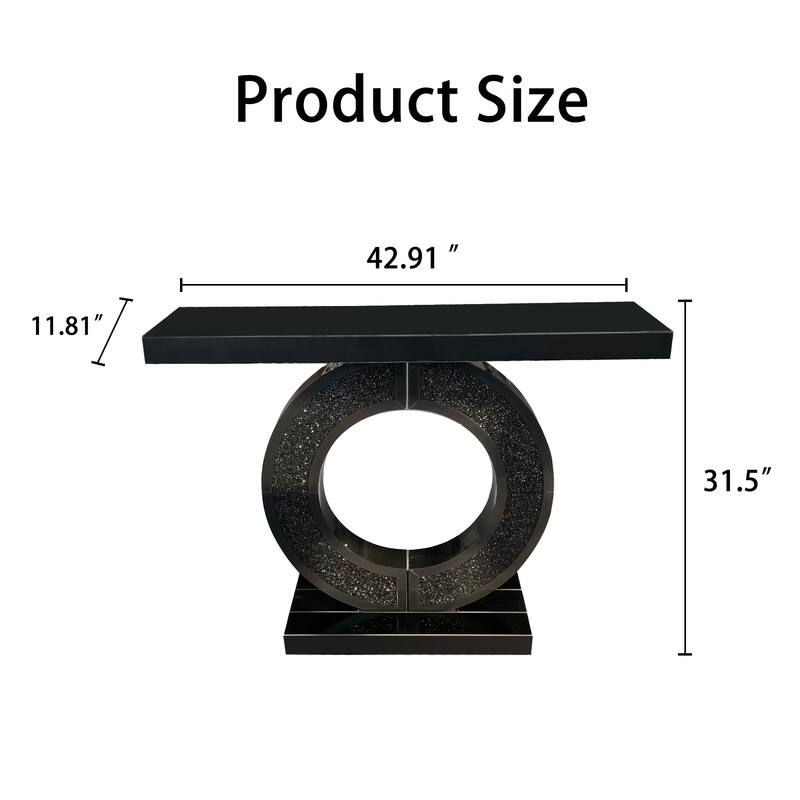 Mirrored Console Table With Crushed diamond Inlay, Long Entryway Sofatable, 0-Shaped Base Modern Accent Narrow Table