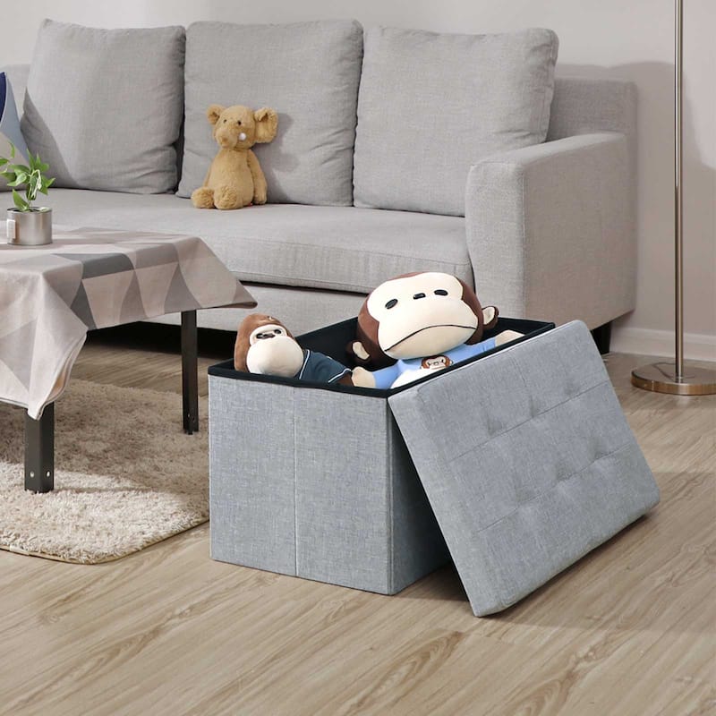 Light Gray Storage Ottoman Bench with Linen-Look Fabric and Foldable Design