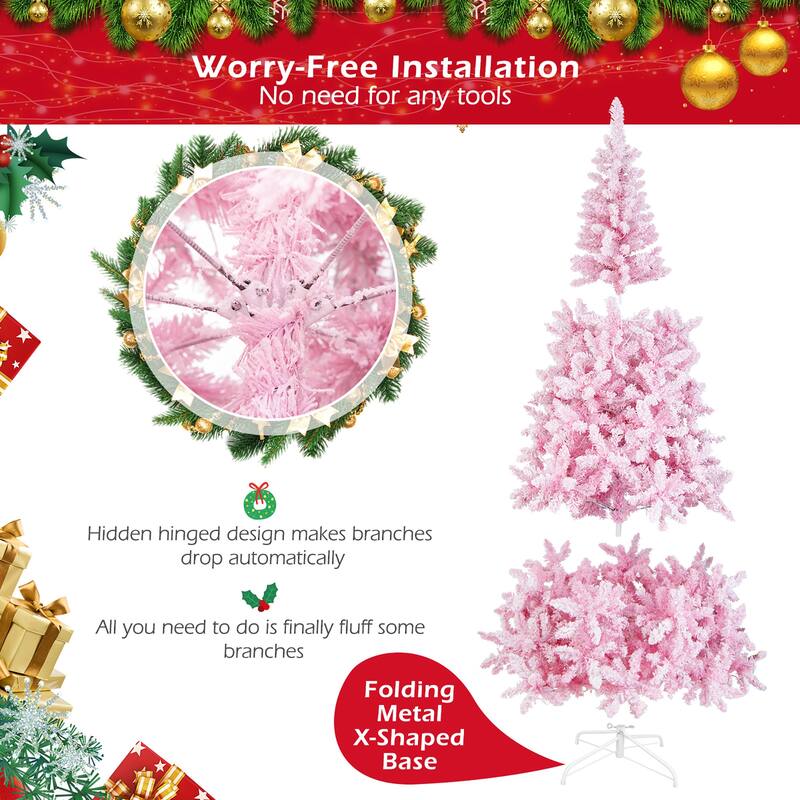 Gymax 7.5FT Pre-Lit Hinged Artificial Snow Christmas Tree Decor Tree