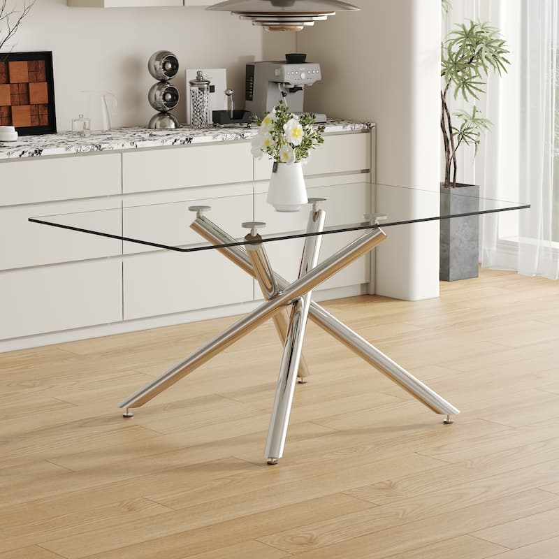 Roomfitters Glass Dining Table with 63 Inch Tempered Top and Silver Chrome Metal Legs for Home or Office, Silver