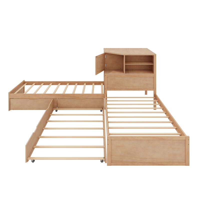 All-in-one Low Profile Platform Bed with Trundle and Drawer, Wooden Floor Bed Linked Corner Bed Built-in Desk and Led Downlight