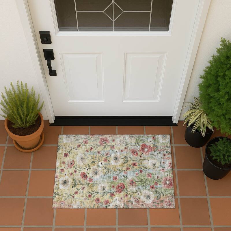Machine Washable Indoor/ Outdoor Floral Joy Chantille Rug - Tan - 1'8" x 2'6"