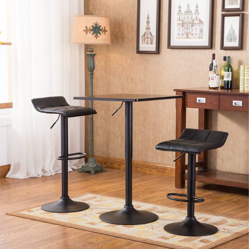 Square Top Adjustable Height with Black Leg And Base Metal Bar Table,2 Swivel Black Bonded Leather Adjustable Bar Stool Bar Sets
