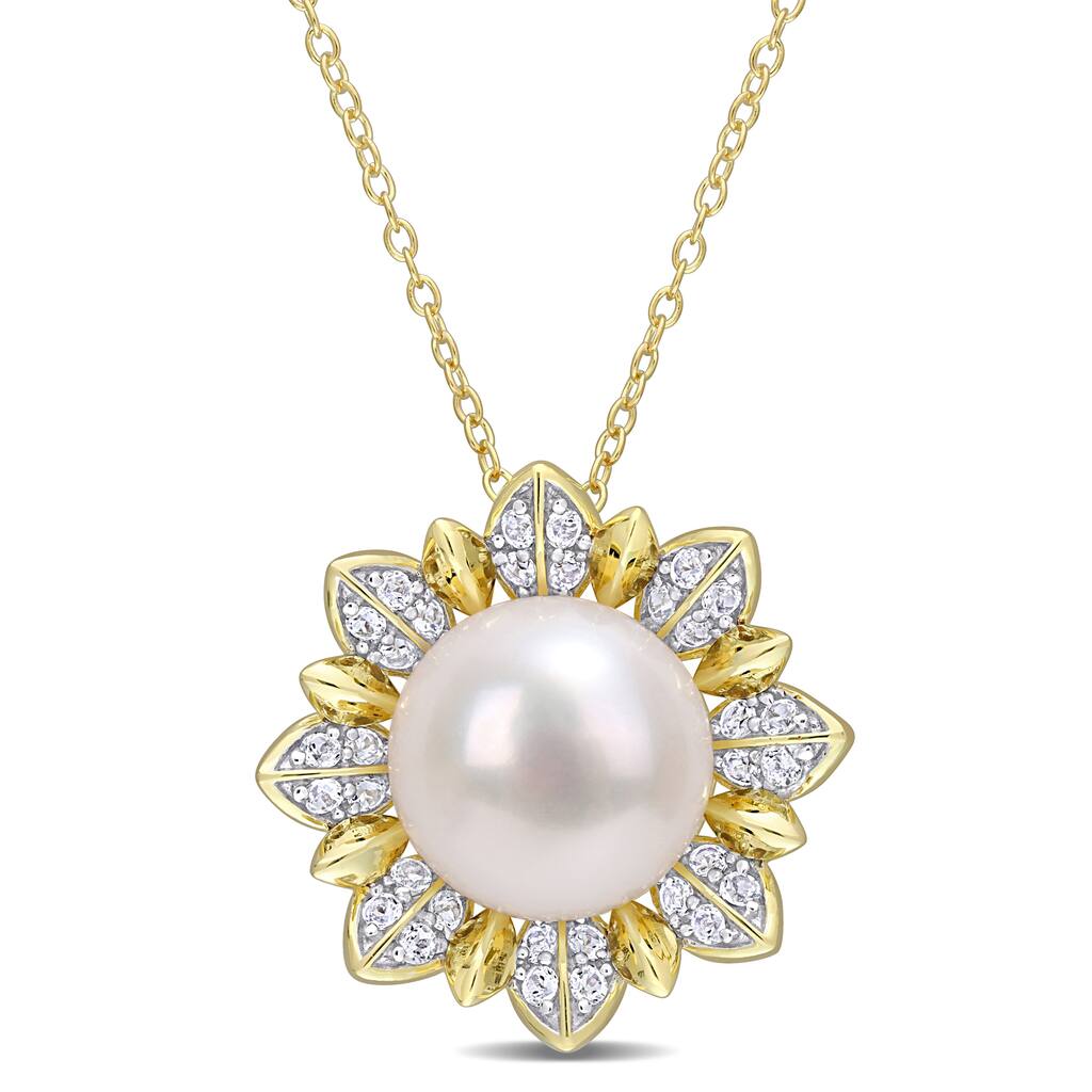 Miadora Cultured FW Pearl & White Topaz Floral Necklace in Yellow Plated Sterling Silver (11.5-12mm)
