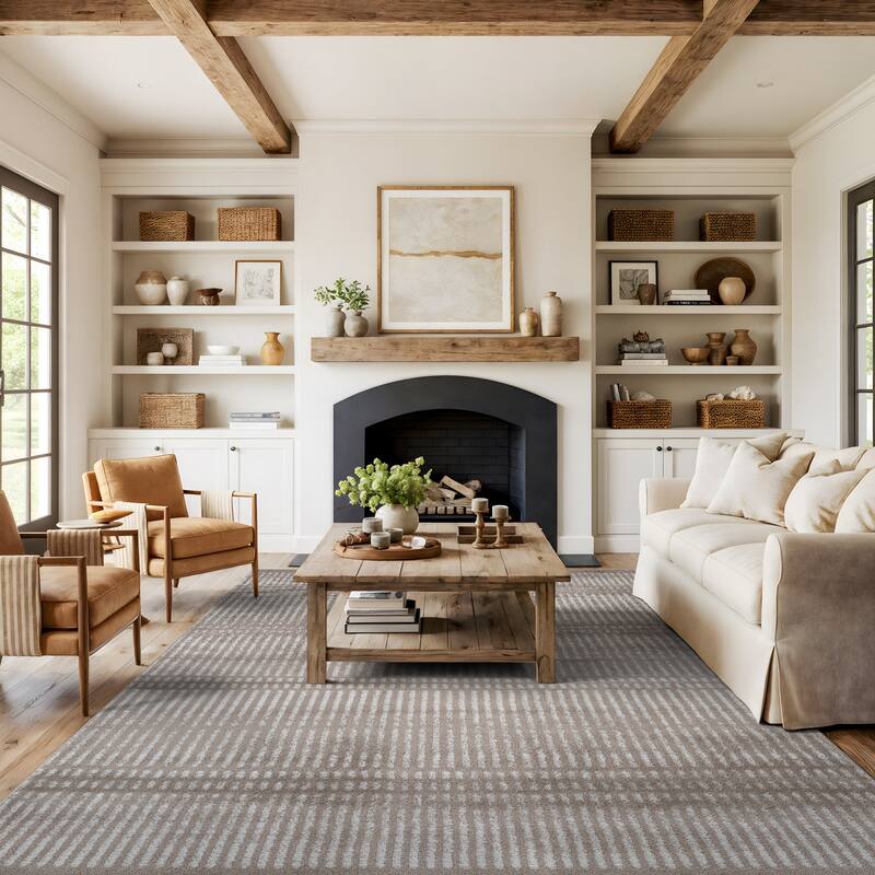 Contemporary Minimalistic Stripe LInes Area Rug - 7' 10" x 10' - Beige