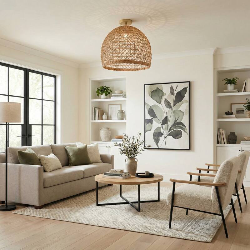 Lumiere Rattan Flush Mount - Rattan Natural Handwoven Ceiling Light for Hallway or Bedroom in Modern, Farmhouse, Boho Style