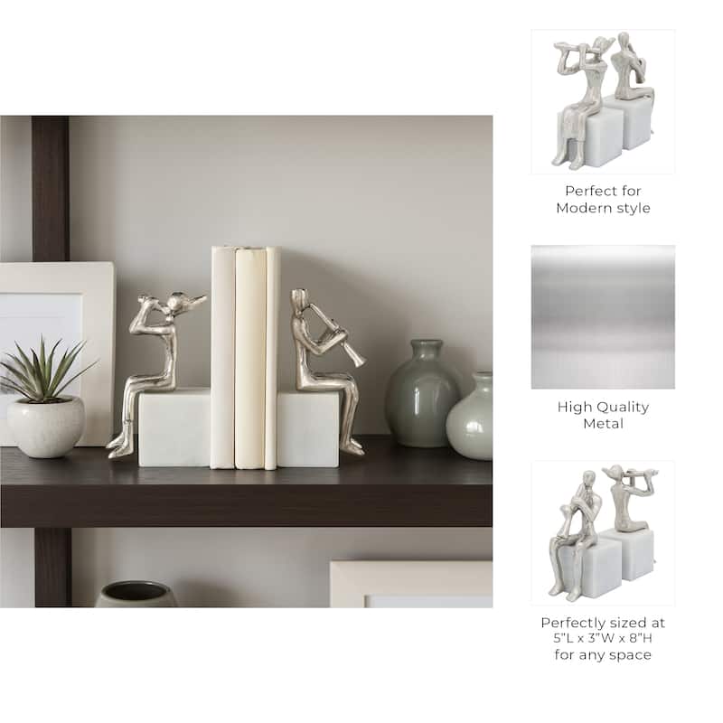 Decorative Metal Musicians on Marble Bases Bookends - 8", Silver - 8.0"