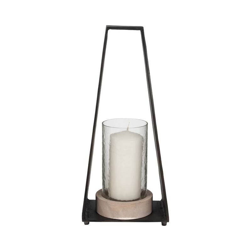 Candle Holder - Black Metal Glass Pillar Hurricane