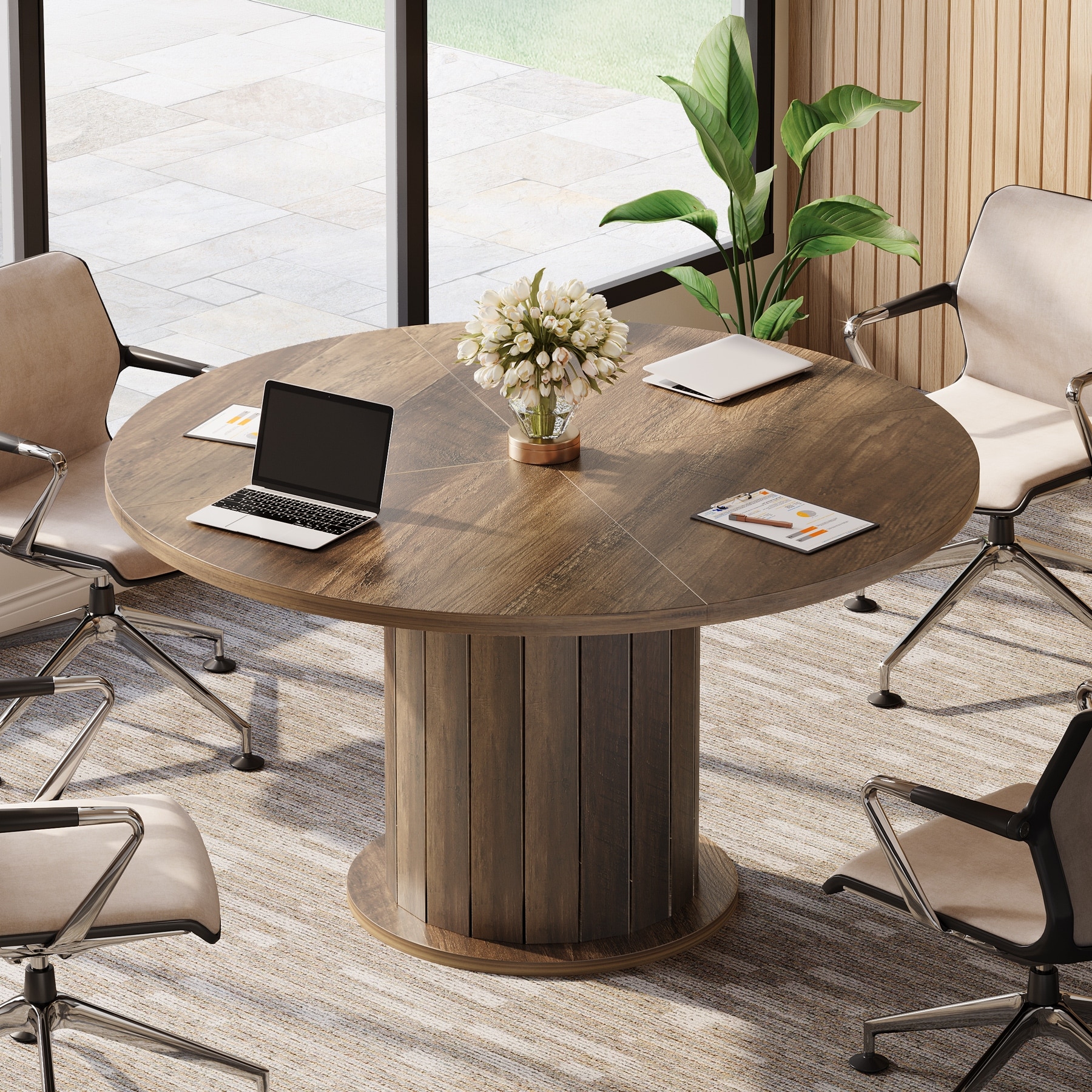 47" Rustic Round Conference Table with Wood Grain and Sturdy Base for 4-6 People - 47.24" L x 47.24" W x 29.53" H