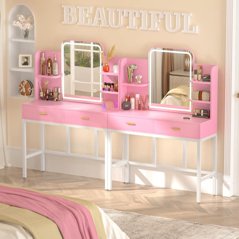 Vanity Table with LED Mirror, Kid's Makeup Vanity Desk with 2 Storage Drawers