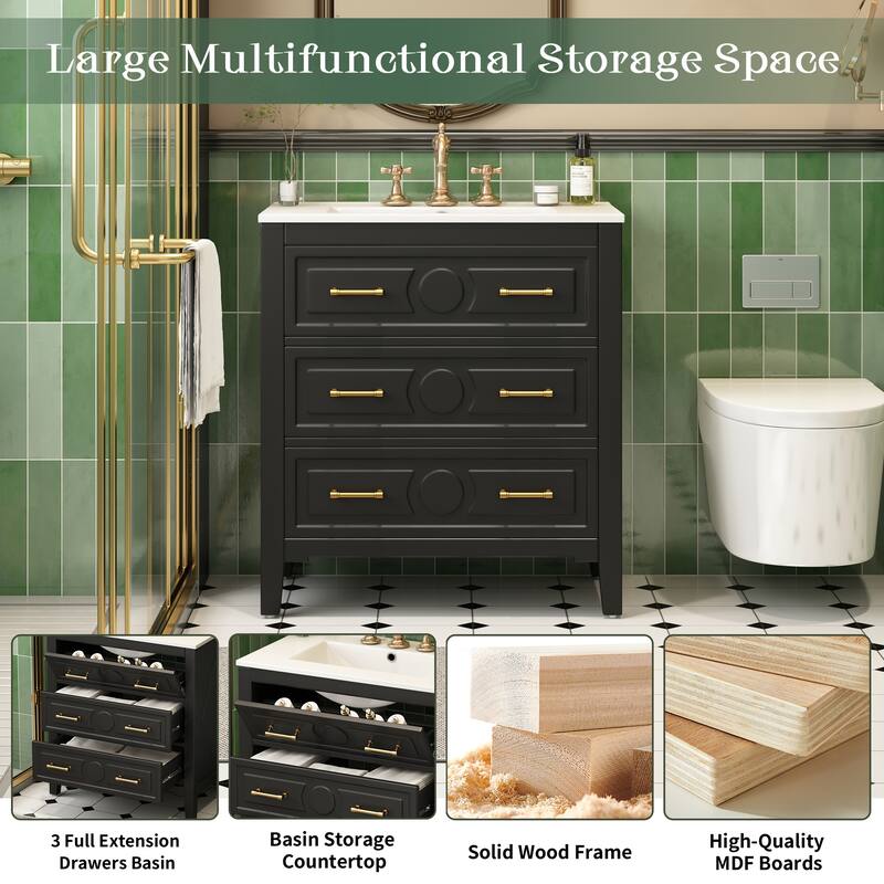 30" Bathroom Vanity with Ceramic Sink, Solid Wood Storage Cabinet, Freestanding 3-Drawer Vanity Set