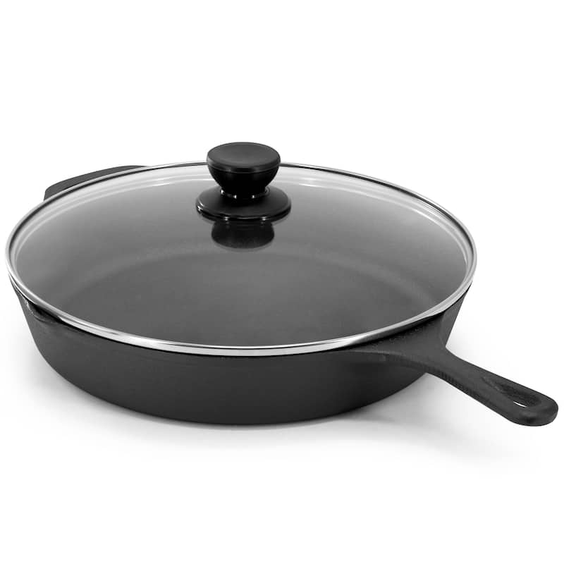 12 Inch Pre-Seasoned Cast Iron Skillet Includes Glass Lid and Silicone Handle Cover