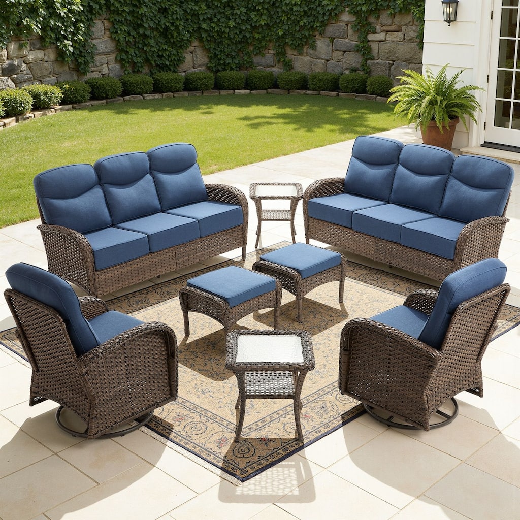 Meyreso 8-Piece Wicker Patio Conversation Set with Swivel Gliders and 6-Inch Thick Olefin Cushions
