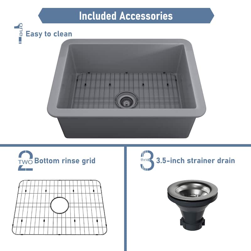 CASAINC Undermount Single Bowl Fireclay Kitchen Sink with Bottom Grid and Strainer, cUPC Certified