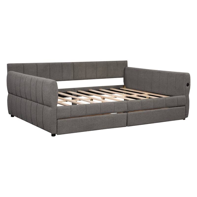 Upholstered Daybed with 2 Storage Drawers, Queen Size Sofa Bed Frame with USB Ports Design and Wood Slats Support
