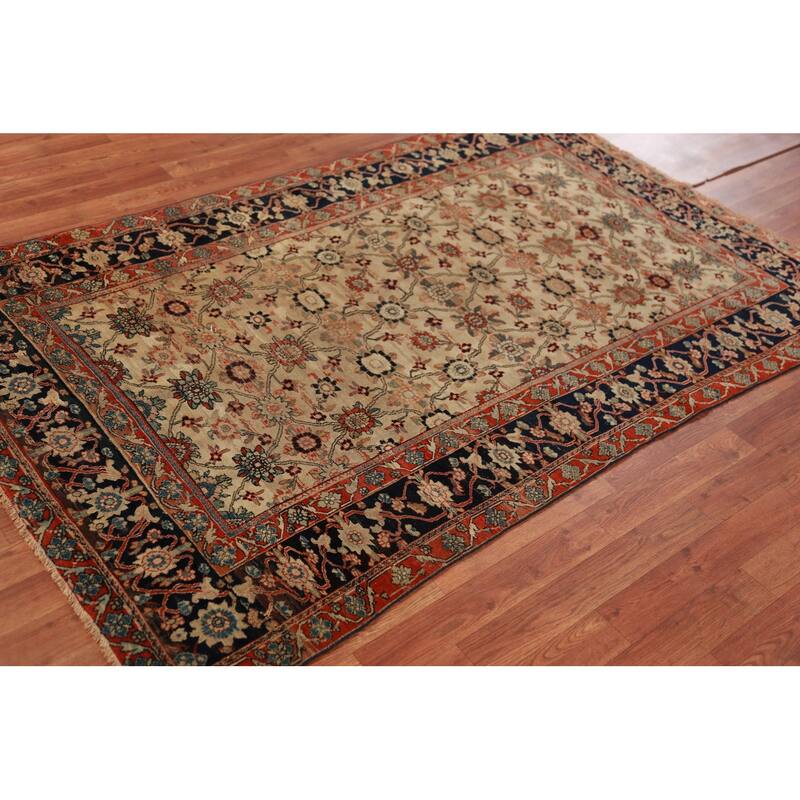 Pre-1900 Antique Vegetable Dye Sarouk Farahan Persian Handmade Carpet - 4'2"x 6'10"