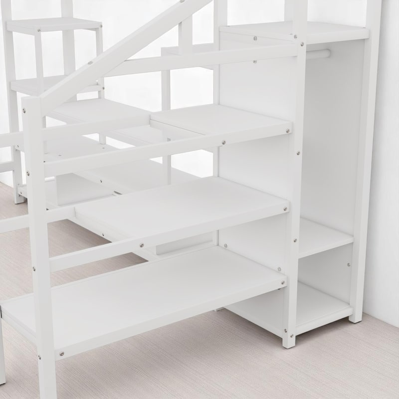 Metal Loft Bed Full Size with TV Cabinet, LED Strip, Wardrobe, Charging Ports and Stairs with Storage