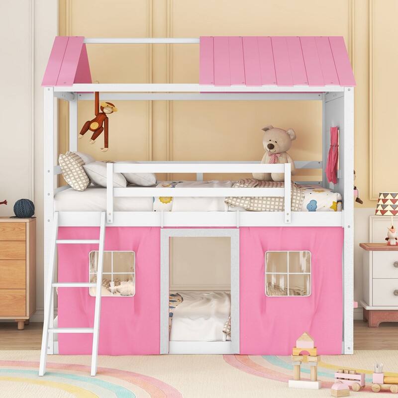 Twin Size Wood House Bed Bunk Bed with Windows, Sills and Tent
