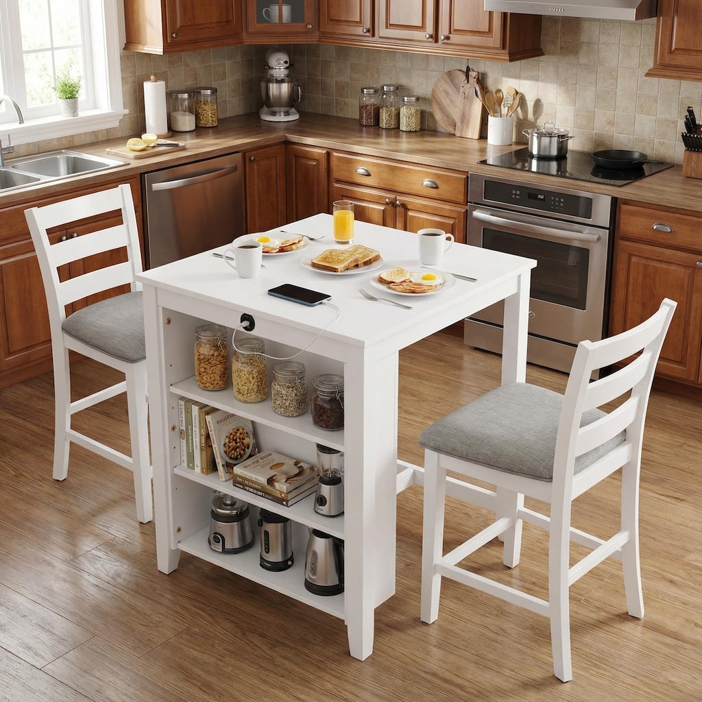 Homy Lin 3-Piece Dining Set with USB & Type-C Charging, Storage Shelves, Cushioned Chairs, for Small Kitchen or Apartment