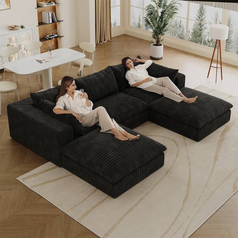 Modular Deep Seat Couch U-shaped Sectional Sofa with Chaise Lounge Corduroy Upholstered Sleeper Sofa Bed with Ottomans