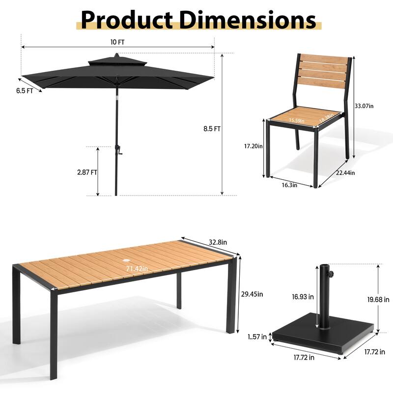Set of 9 Outdoor Patio Dining Set WoodLike Aluminum Umbrella Hole Table with Stackable Chairs, Market Umbrella Set