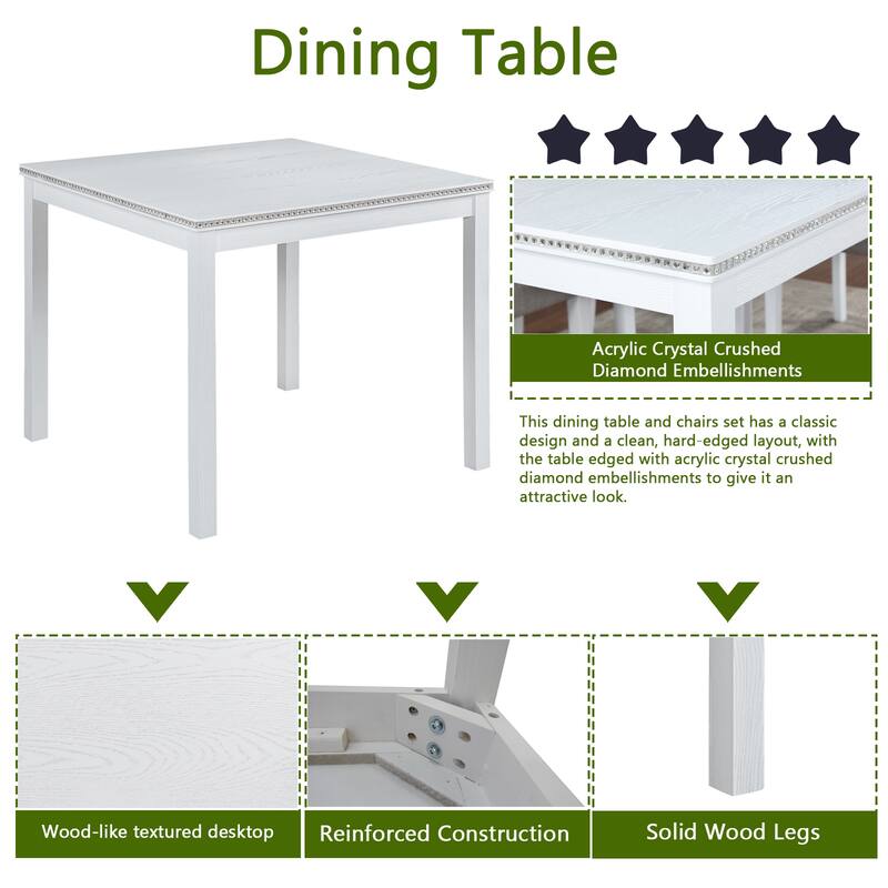 5-Piece, Modern Dining Table Set with Crystal Decorations and 4 Dining Chairs, for Kitchens and Dining Rooms, White
