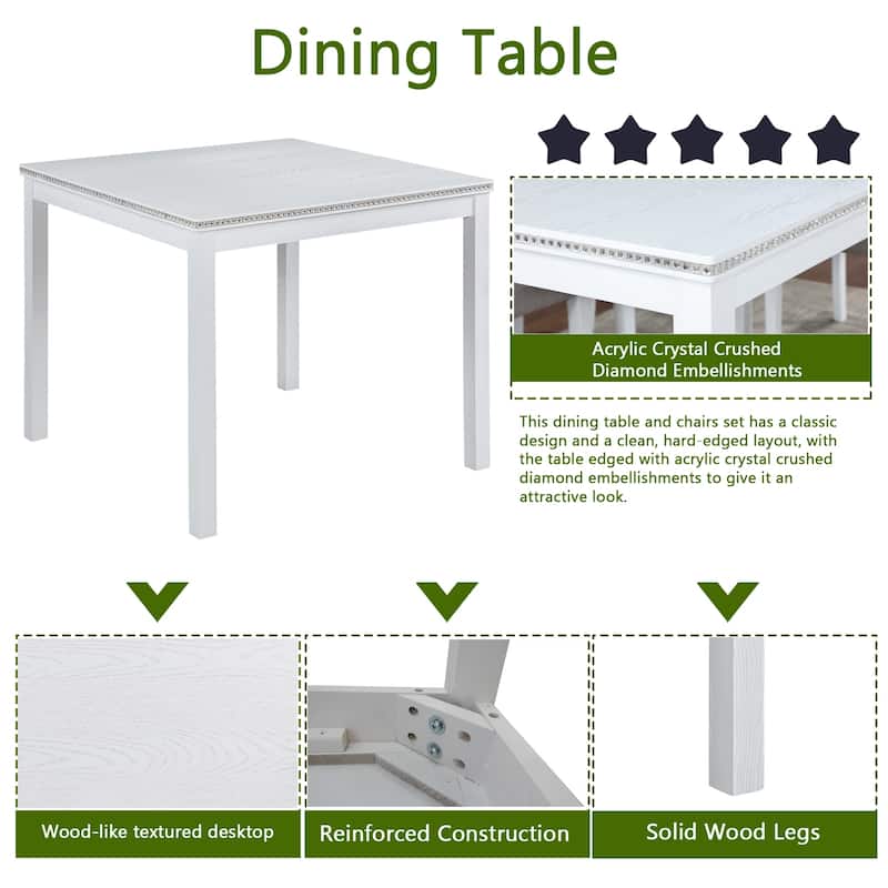 GDFStudio - Hamilton 5-Piece Classic Crystal Tabletop Square Wooden Dining Table Set with 4 Upholstered Dining Chairs