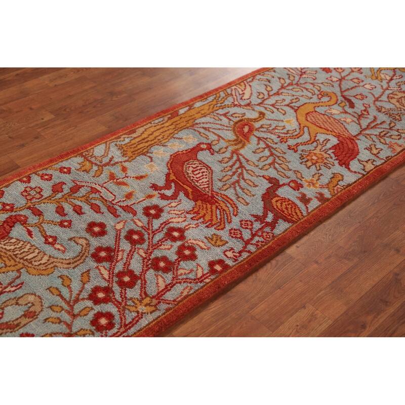 Animals Design Blue Ziegler Indian Runner Rug Hand-Knotted Wool Carpet - 2'6"x 7'11"