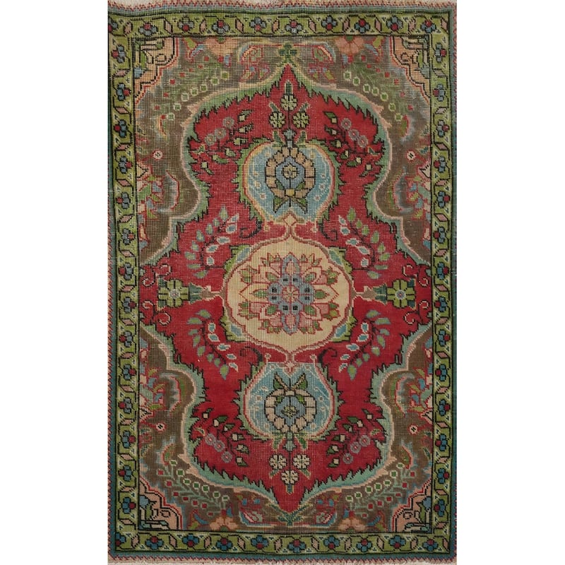 Hand Knotted Oriental 100% Wool Carpet Traditional Floral Red Tabriz Area Rug - 4' 10'' X 3' 2''