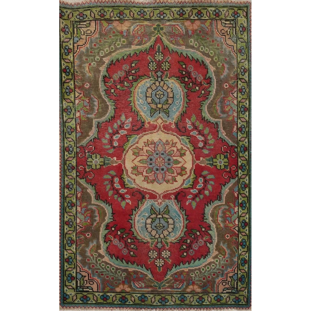 Hand Knotted Oriental 100% Wool Carpet Traditional Floral Red Tabriz Area Rug - 4' 10'' X 3' 2''