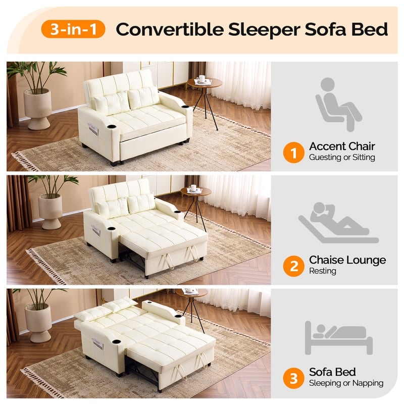 Upholstered Cat's Claw Leather Convertible Reclining Sleeper Sofa Bed With Cushions For Small Spaces