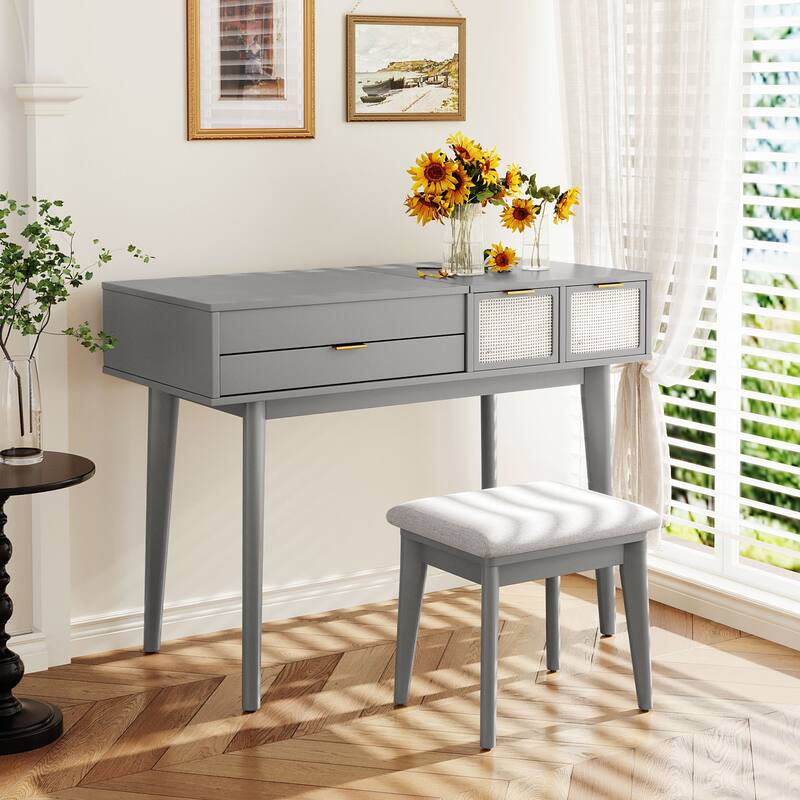 43.3" Classic Wood Makeup Vanity Set with Flip-top Mirror and Stool