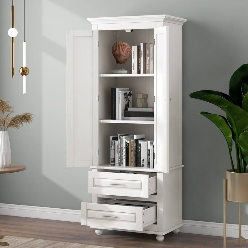 White Bathroom Tall Storage with Two Drawers and Adjustable