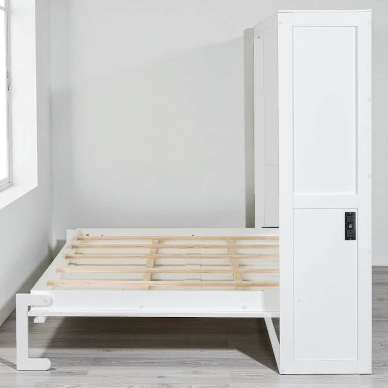 Full/Queen Size Murphy Wall Bed with Cabinet, Space-Saving Fold-Out Bed with Slat Support, No Box Spring Needed