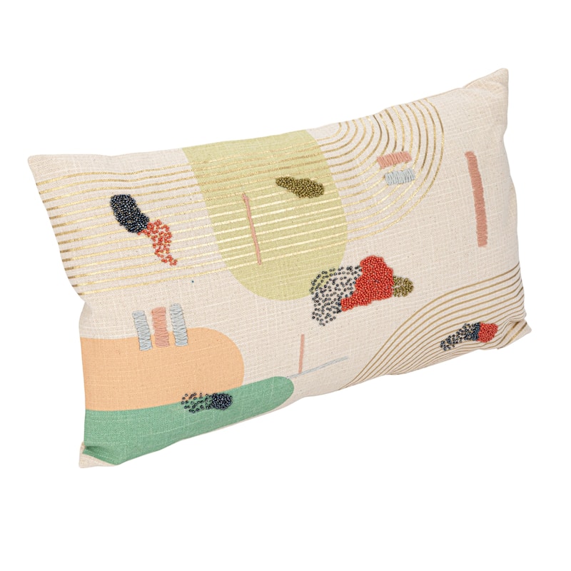 Cotton Slub Printed Lumbar Pillow with Hand-Embroidery and Beads