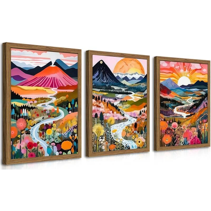 Colorful Wall Art, Set of 3 Abstract Watercolor Mountain Landscape - 12 x 16