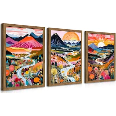Colorful Wall Art, Set of 3 Abstract Watercolor Mountain Landscape