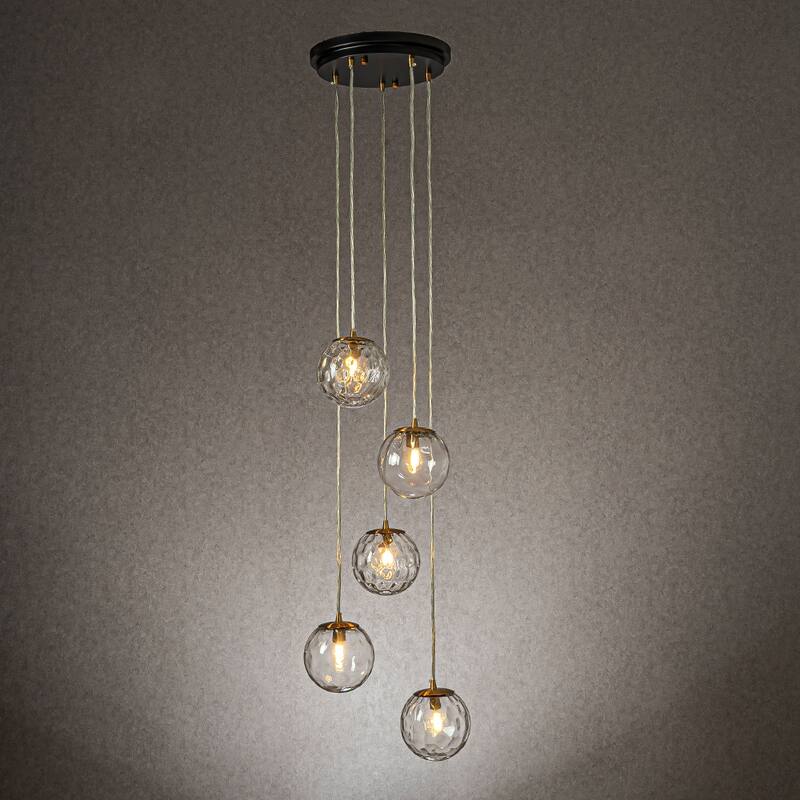 CraftHome 5-Light Modern Clear Ripple Glass Staircase Chandelier Globe Bubble Textured Glass Pendant In Matte Black For Foyer - W12'' - Matte Black