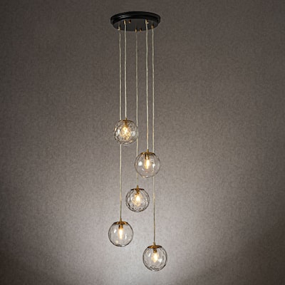 CraftHome 5-Light Modern Clear Ripple Glass Staircase Chandelier Globe Bubble Textured Glass Pendant In Matte Black For Foyer