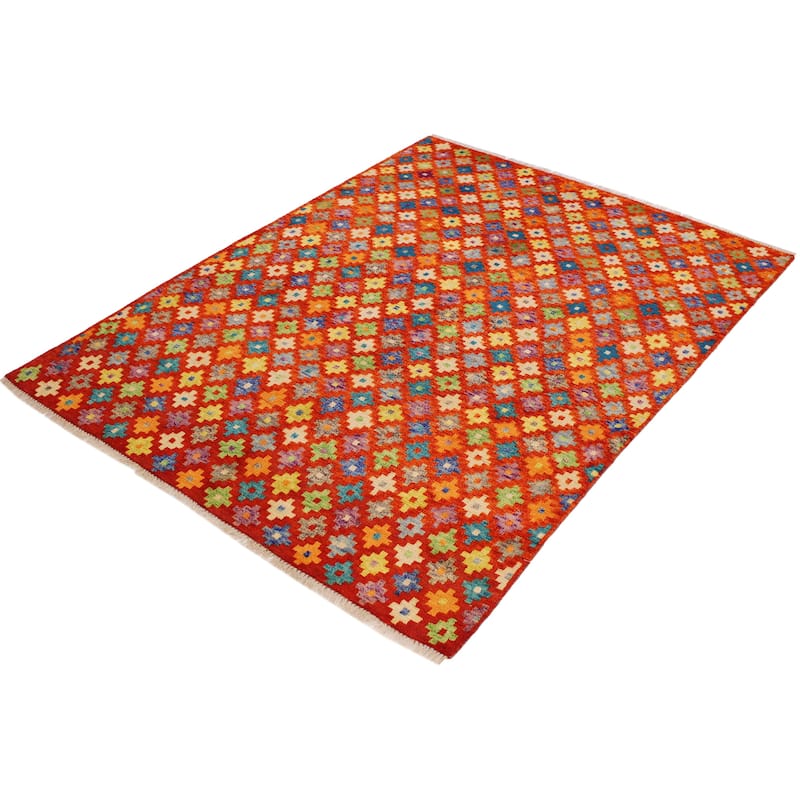 Modern Balochi Velazquez Orange/Green Hand Knotted Wool Rug - 5'0'' x 6'6''