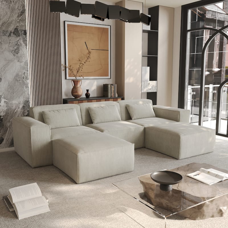Modern Modular Sectional Sofa with 3 Pillows, Convertible Living Room Couch with Ottomans - Beige