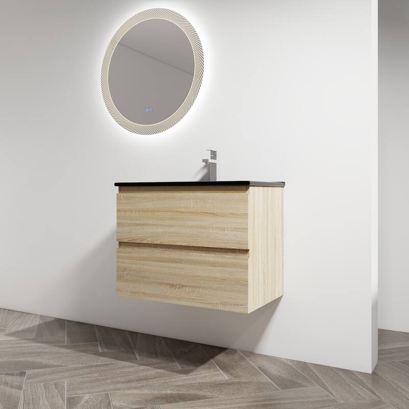 Modern 24" Floating Bathroom Vanity with Black Ceramic Basin, Soft-Close Drawers, Water-Resistant Melamine Surface