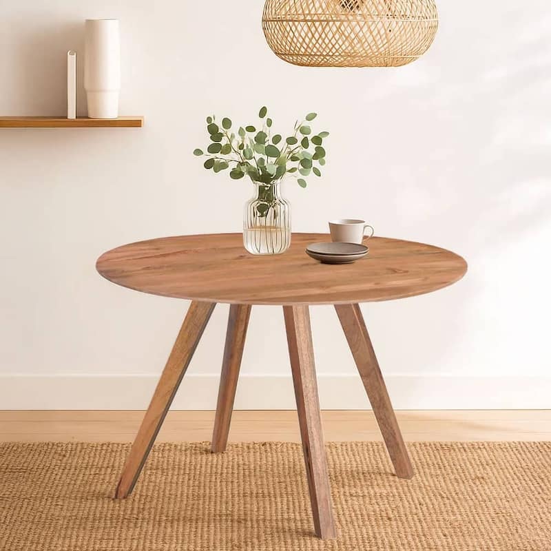 Temi Dining Table 47" Round Top Handmade Natural Brown Mango Wood Angled Four Legged Base