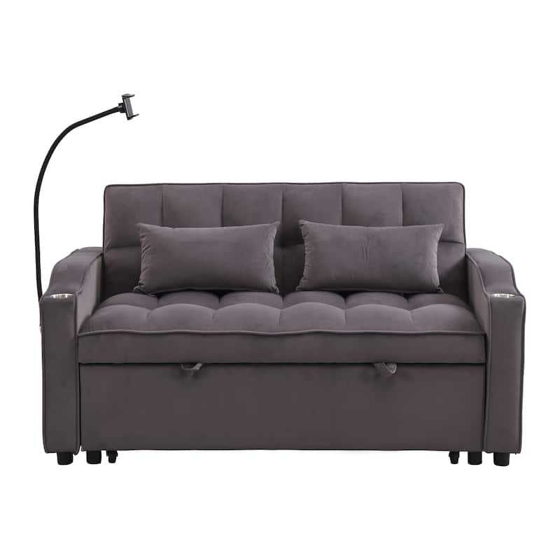 Charcoal Grey Modern Velvet 3 in 1 Convertible Sleeper Loveseat Futon Sofa with Adjustable Reclining Backrest and Toss Pillows
