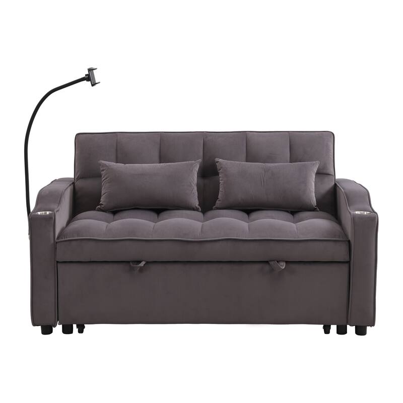 Convertible Sofa Bed with Holders, Velvet Loveseat with Reclining Backrest, Small Sofa with Toss Pillows and Pockets
