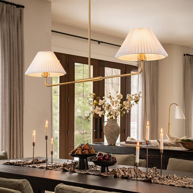 2-Light Modern Gold & Black Linear Pleated Fabric Pendant Kitchen Island Light