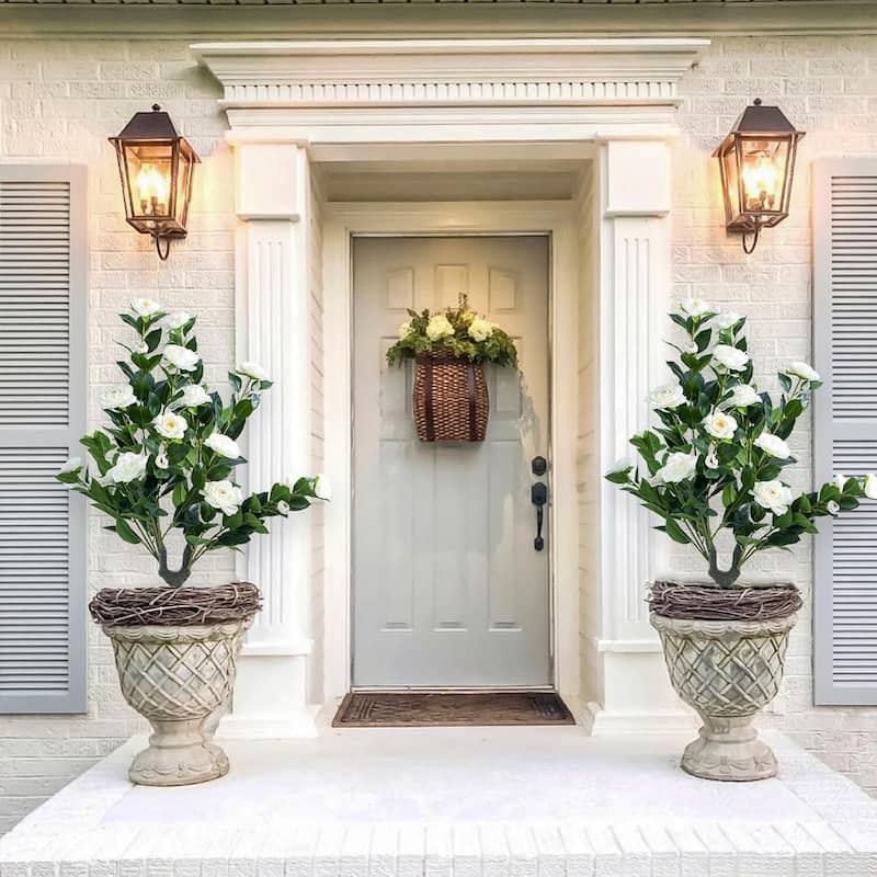 Set of 2/4 Artificial Topiary Ball Trees with Metal Stakes with Camellia Flowers