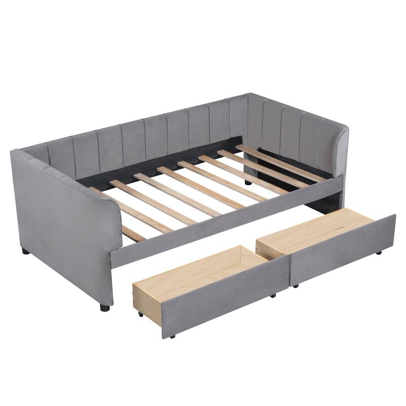 Twin Upholstered Daybed with Stripe Headboard, Ergonomic Backrest, and 2 Storage Drawers, Ideal for Stylish Bedrooms