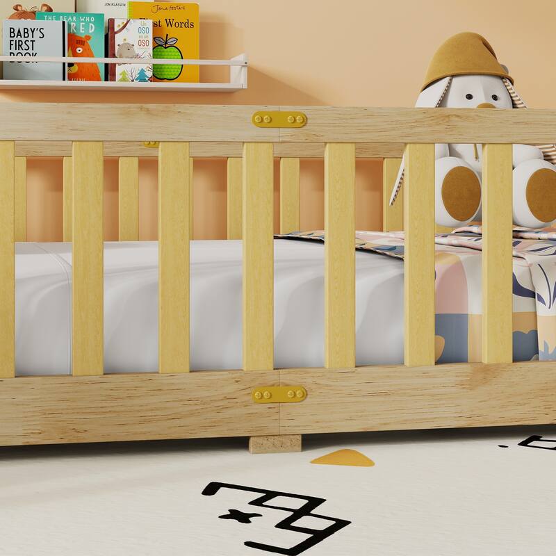 Twin Size Floor Bed with Fence and Door, Rubber Wood Floor Bed with Safety Guardrails
