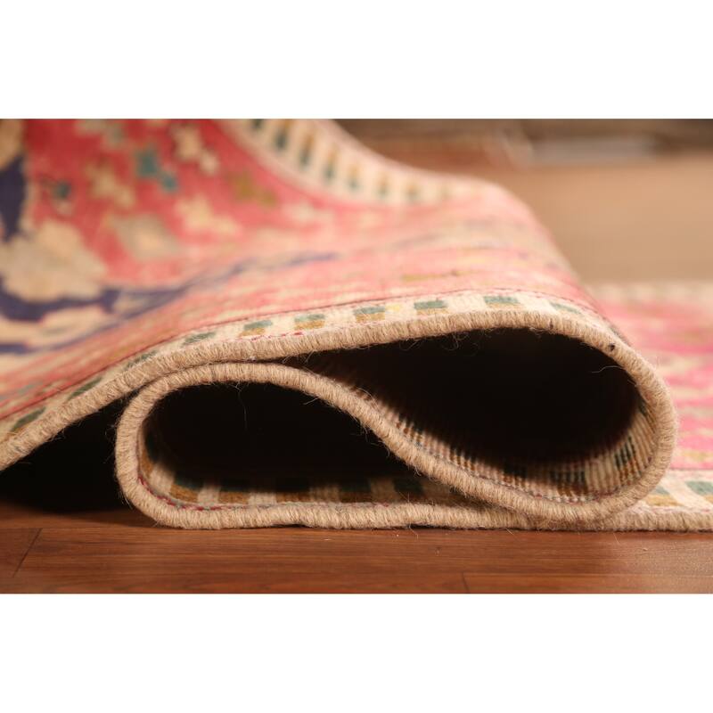 Hand Knotted Oriental 100% Wool Carpet Traditional Geometric Pink Tabriz Runner Rug - 9' 7'' X 3' 3''
